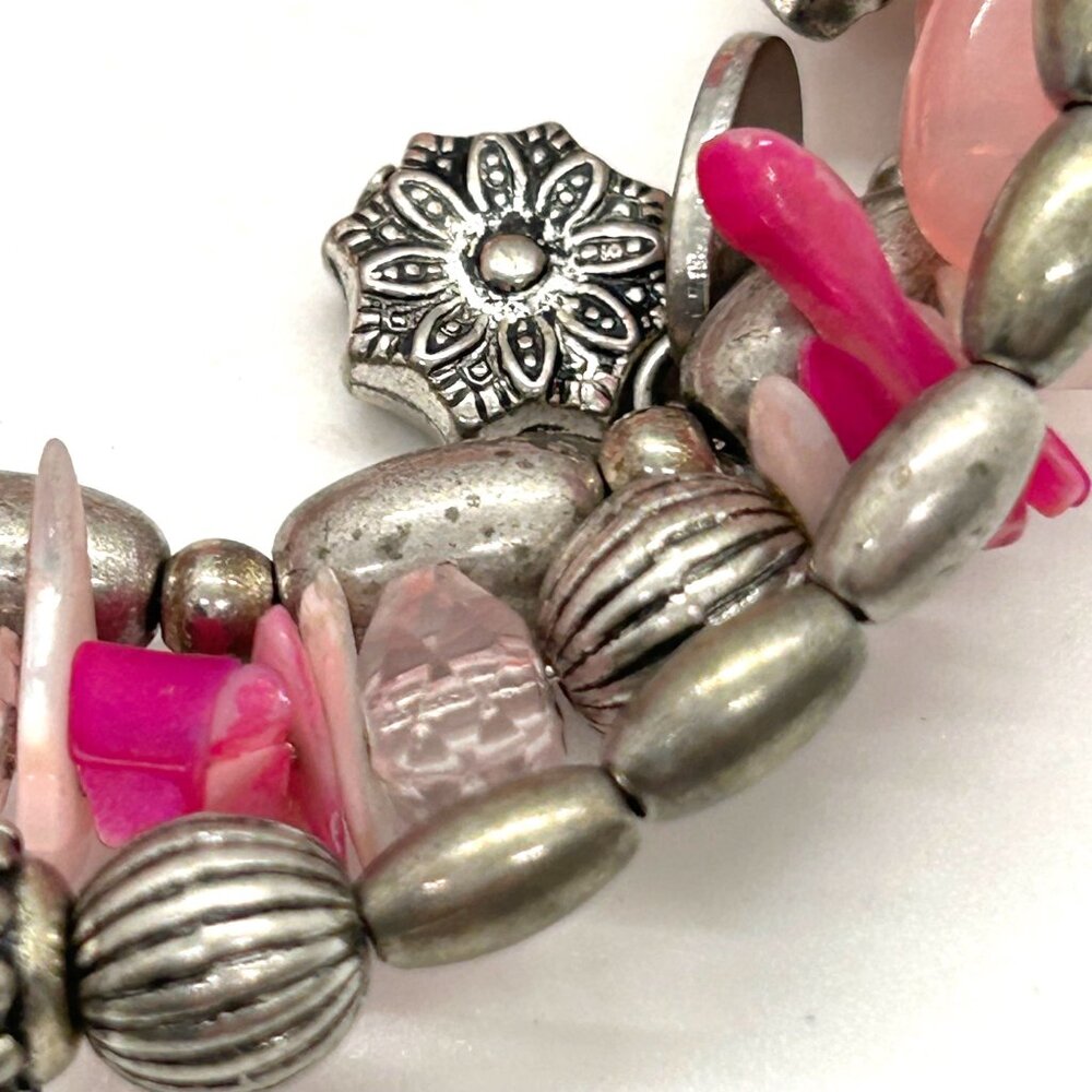 Charming Charlie Memory Wire Wrap Pink Magenta Silver-tone Beaded Bracelet Boho - Picture 4 of 12